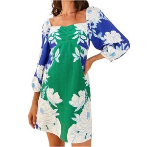 NWT Farm Rio Soft Garden Linen-Blend Floral Mini Dress Blue Green White XXS